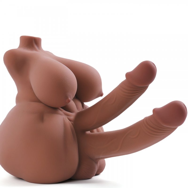 Búp bê bán thân silicon 2 dương vật da nâu mông to ngực béo 4.5kg lưỡng tính cho Les 